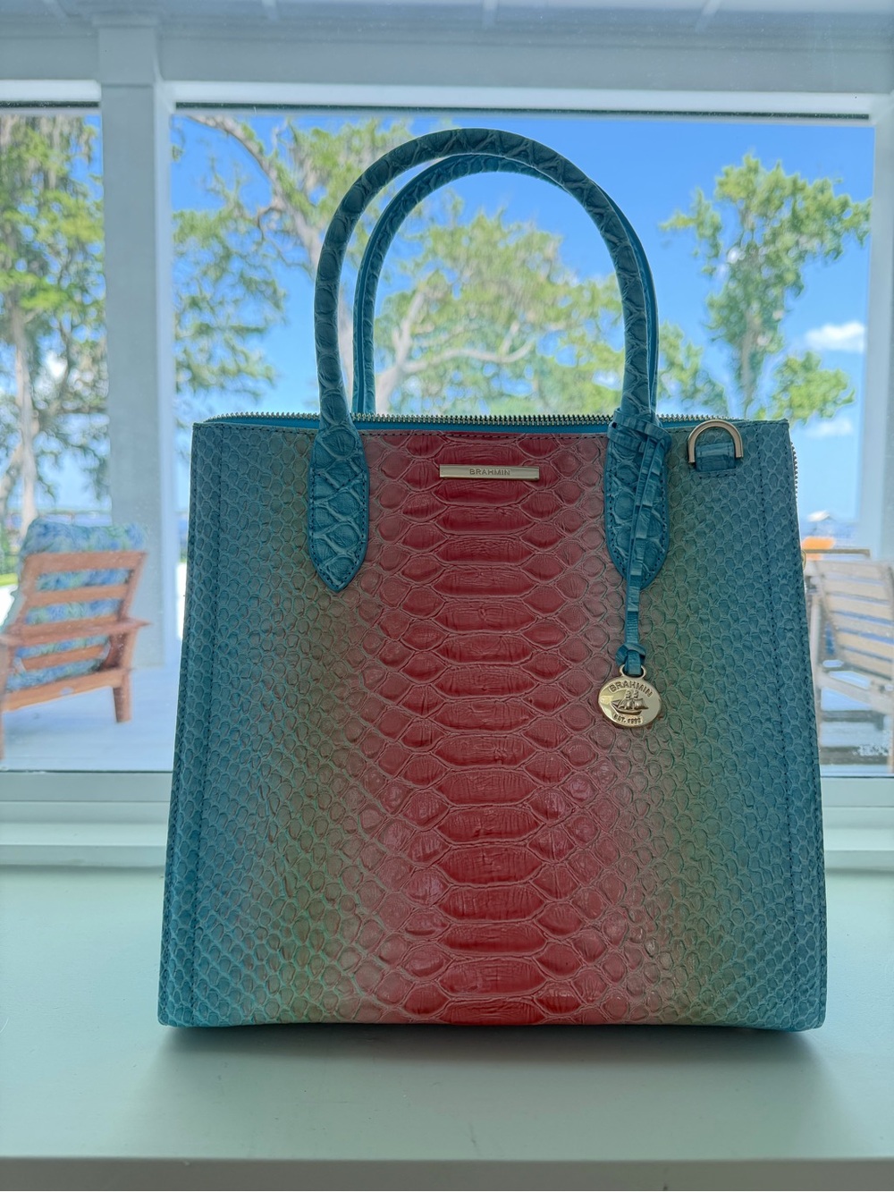 Brahmin Caroline Daylily Volute Tote Teal/Coral Ombré Embossed Leather NWT